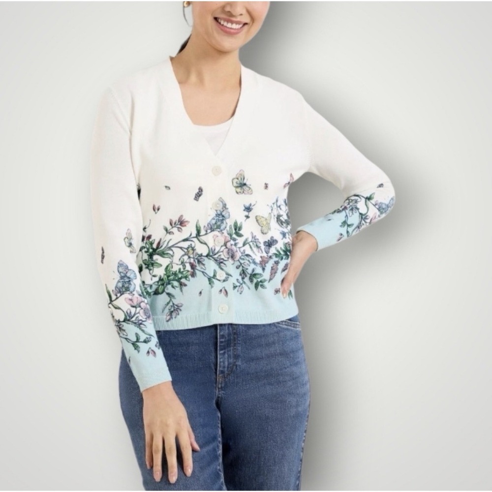 TALBOTS Floral Butterfly White V Neck Cardigan Rayon & Cotton Blend Sz-M NWT